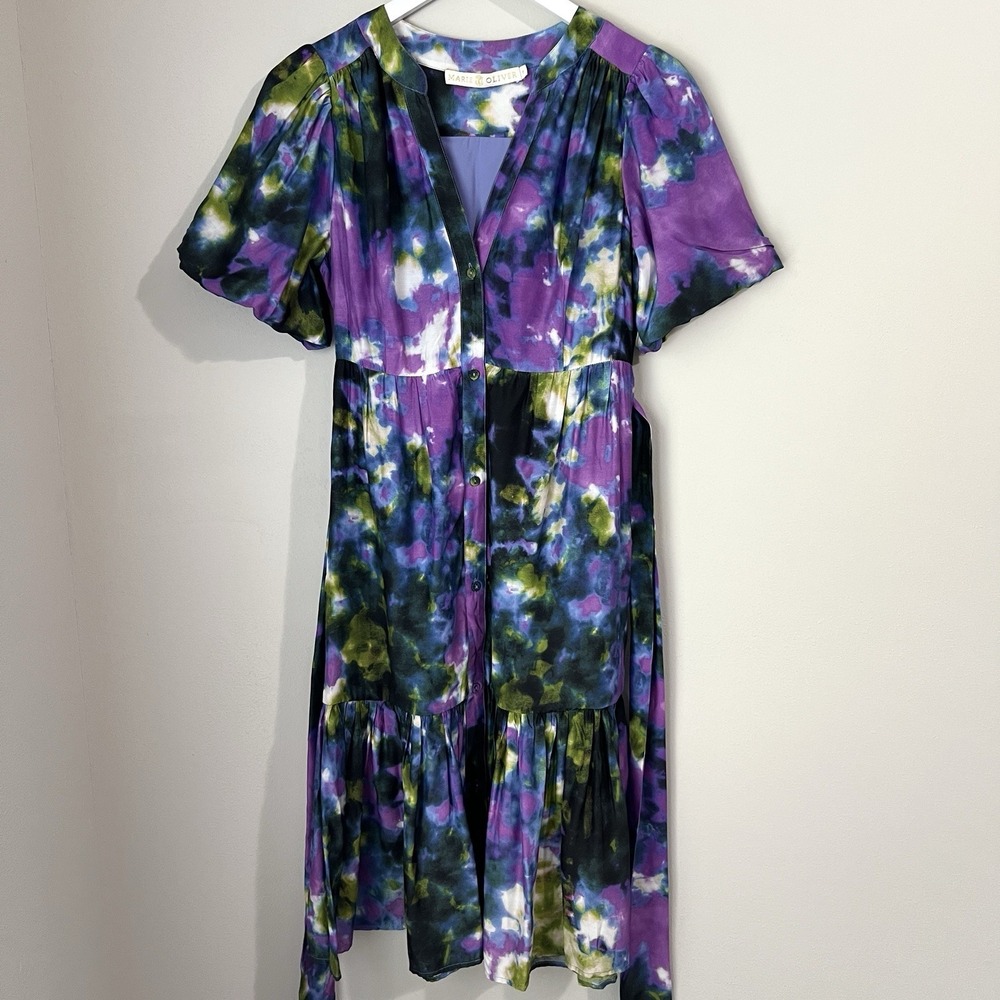 Marie Oliver Tie Dye Midi Dress Women's 0 Silk Blend V-Neck Button Down Belted